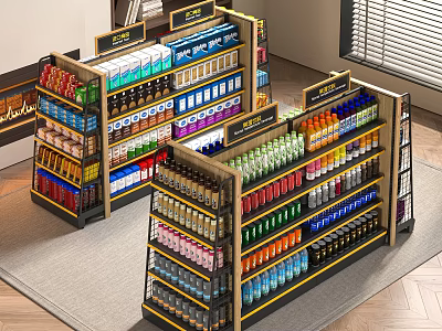 Retail Store Shelves Filled With Colorful Beverage Bottles Snack Packages And Canned Goods 3d model