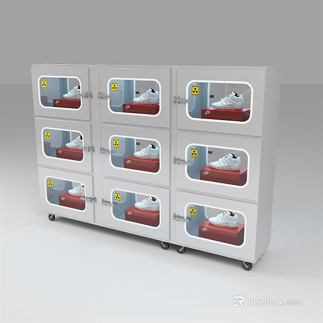 White Multiple Layer Display Shelves With Red Shoes Yellow Warning Signs And Wheels 3d model 