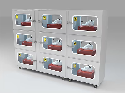 White Multiple Layer Display Shelves With Red Shoes Yellow Warning Signs And Wheels 3d model