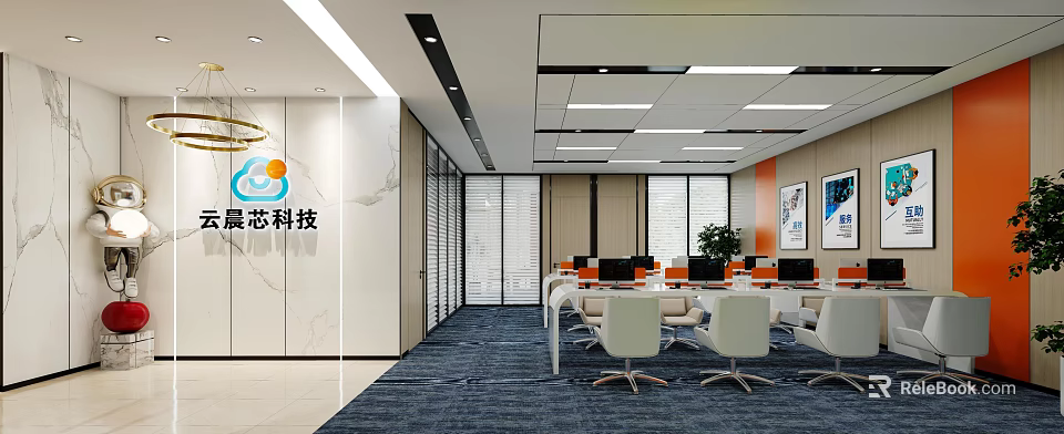 Bright Open Public Office Space With White Chairs Blue Carpet Computers And Ceiling Lights 3d model 