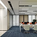 Bright Open Public Office Space With White Chairs Blue Carpet Computers And Ceiling Lights