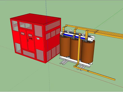 Industrial Equipment With Red Control Cabinet Brown Transformers And Yellow Support Structure 3d model