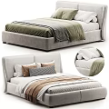 Comfortable Modern Double Bed With Upholstered Headboard Multiple Pillows Green Brown Blankets 3d model