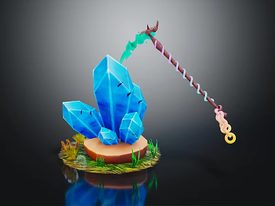 Decorative Ornament Set Featuring Blue Crystals Colorful Striped Staff Green Grass Brown Base Golden Ring 3d model