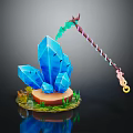 Decorative Ornament Set Featuring Blue Crystals Colorful Striped Staff Green Grass Brown Base Golden Ring