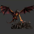 Red Winged Dragon Breathing Fire Over Detailed Medieval Castle Model