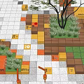 Modern Outdoor Plaza Design With Wooden Platforms Green Plants Colorful Tiles And Lanterns