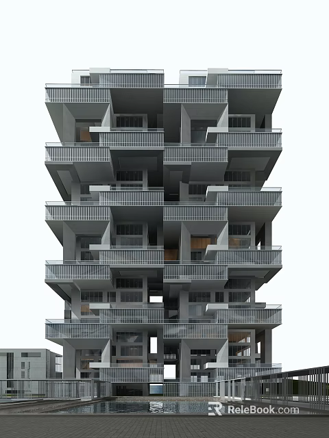 Modern High Rise Office Building With Geometric Balconies And Glass Facade Design 3d model 