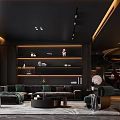 Modern Dark Dining and Living Room Interior With Marble Wall TV And Lighting