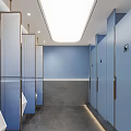 Modern Public Restroom With Blue Walls Large Mirror Double Sinks And Gray Countertop Plants