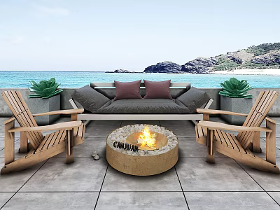 Outdoor Sofa With Wooden Chairs And Flaming Fire Pit On Beach Backdrop With Green Plants 3d model