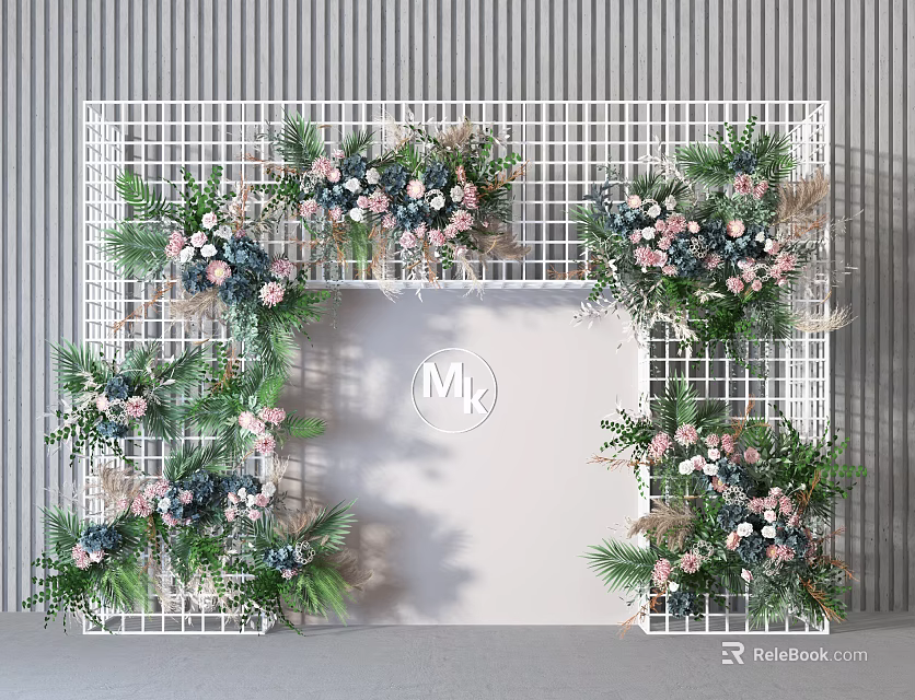 Greenery Wall With White Grid Frame And Pink Blue Flowers Decorative Design 3d model 