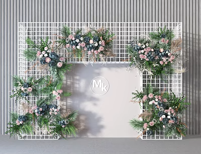 Greenery Wall With White Grid Frame And Pink Blue Flowers Decorative Design 3d model