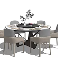 Modern Dining Table Set With Six Gray Chairs Black Tabletop And Decorative Vase 3d model