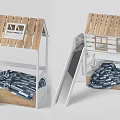 Kids Wooden Double Bed With Roof Design Slide Windows Striped Blanket And Drawer