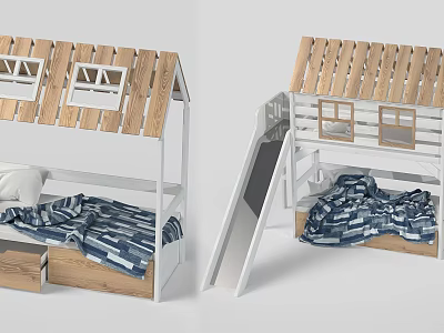 Kids Wooden Double Bed With Roof Design Slide Windows Striped Blanket And Drawer 3d model