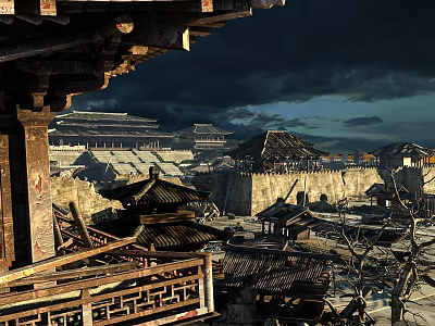 Tranquil Ancient Scene With Traditional Pagoda Roofs And Historic City Walls 3d model