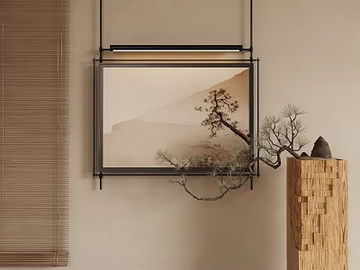 Abstract Painting With Mountain And Tree On Beige Wall Near Wooden Ornament And Bamboo Blinds 3d model