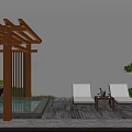 Outdoor Lounge Chairs By Swimming Pool With Wooden Pergola Stone Patio And Green Plants