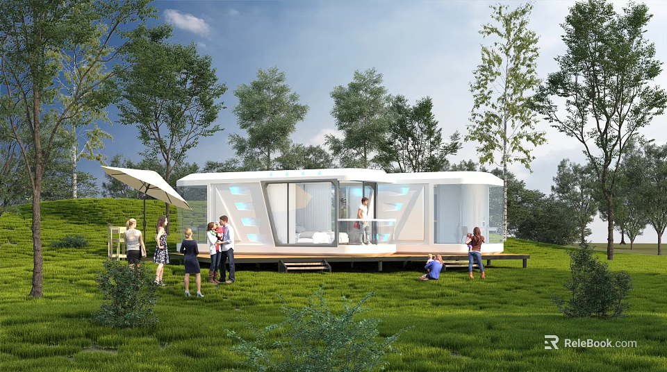 Modern Boutique Guesthouse Building With Transparent Design on Green Grass Surrounded by Trees 3d model 
