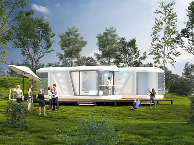 Modern Boutique Guesthouse Building With Transparent Design on Green Grass Surrounded by Trees 3d model