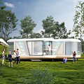 Modern Boutique Guesthouse Building With Transparent Design on Green Grass Surrounded by Trees