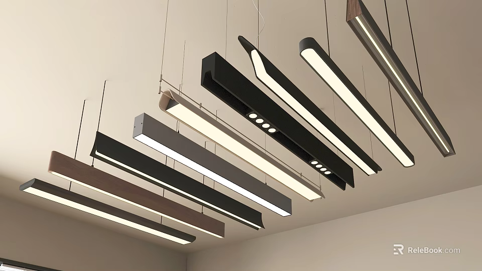 Modern Long Strip Pendant Lights In Various Colors And Different Shapes Hanging From Ceiling 3d model 