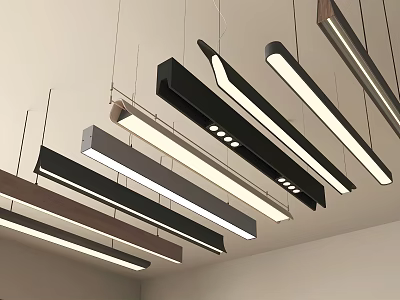 Modern Long Strip Pendant Lights In Various Colors And Different Shapes Hanging From Ceiling 3d model