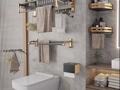 Modern Bathroom White Toilet With Golden Racks Hanging Towels Gray Wall And Toilet Paper Holder 3d model