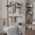 Modern Bathroom White Toilet With Golden Racks Hanging Towels Gray Wall And Toilet Paper Holder