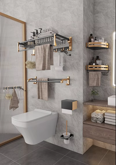 Modern Bathroom White Toilet With Golden Racks Hanging Towels Gray Wall And Toilet Paper Holder 3d model