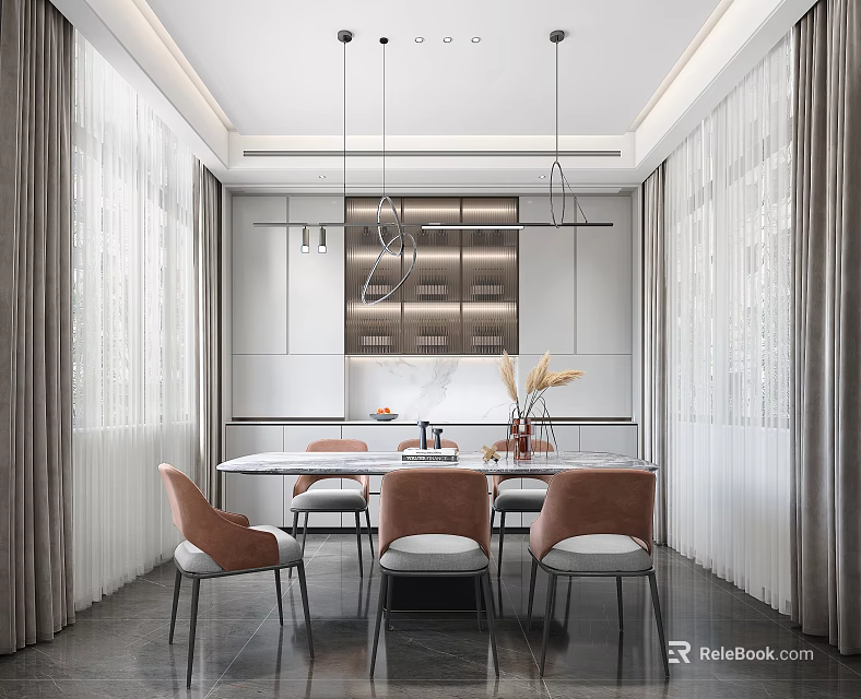 Elegant Modern Dining Room Interior With Pendant Lights Dining Table Chairs And Curtains 3d model