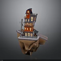 Red Multi Story Building Floating On Small Island With Windows And Decorative Details