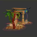 Egyptian Themed Decorative Setup With Palm Trees Brown Trunks And Green Leaves