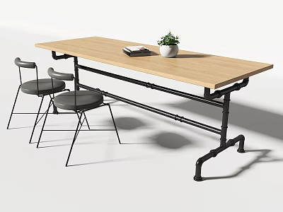 Industrial Table and Chair Set with Wooden Tabletop Black Metal Frame Gray Seats and Potted Plant 3d model