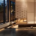 Traditional Japanese Style Hotel Lobby With Wooden Beams Shoji Screens And Decorative Lanterns