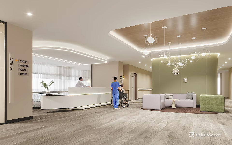 Modern Hospital Outpatient Clinic With Reception Desk Medical Staff Patient Wheelchair Waiting Area 3d model 