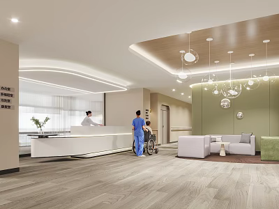 Modern Hospital Outpatient Clinic With Reception Desk Medical Staff Patient Wheelchair Waiting Area 3d model