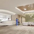 Modern Hospital Outpatient Clinic With Reception Desk Medical Staff Patient Wheelchair Waiting Area