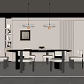 Modern Restaurant Interior With Dining Table Chairs Pendant Lights Bookshelves And Framed Artwork