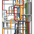 Colorful Industrial Pipe Structure With Red Blue Green And Gray Pipelines