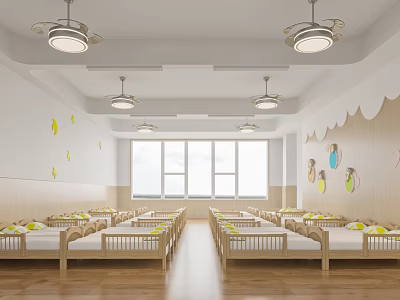 Kindergarten Napping Room Interior With Rows Of Beds And Bright Decor 3d model