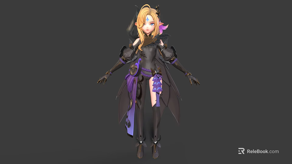 3D Mythical Creature Character with Golden Hair Blue Eyes Black Purple Outfit 3d model 