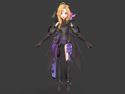3D Mythical Creature Character with Golden Hair Blue Eyes Black Purple Outfit 3d model