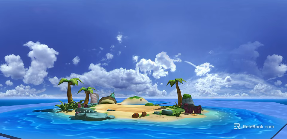 Cartoon Tropical Island Scene With Blue Ocean Beach Palm Trees And White Clouds 3d model 