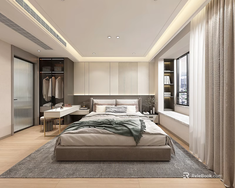 Modern Bedroom Interior Design With Cozy Bed Wardrobe Dressing Table Window Curtains And Soft Rug 3d model 