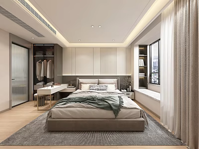 Modern Bedroom Interior Design With Cozy Bed Wardrobe Dressing Table Window Curtains And Soft Rug 3d model