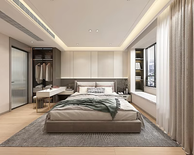 Modern Bedroom Interior Design With Cozy Bed Wardrobe Dressing Table Window Curtains And Soft Rug 3d model