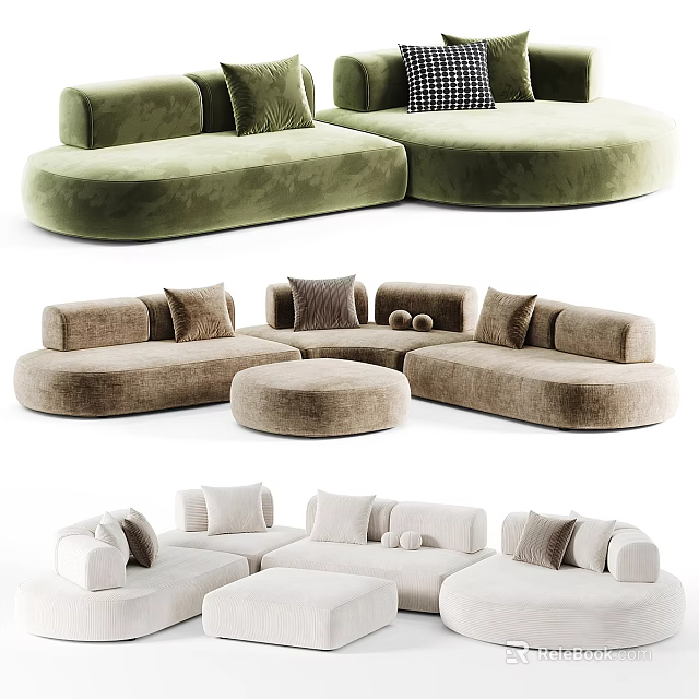 Modern Irregular Shaped Sofa Designs in Green Brown and White with Pillows and Ottoman 3d model 
