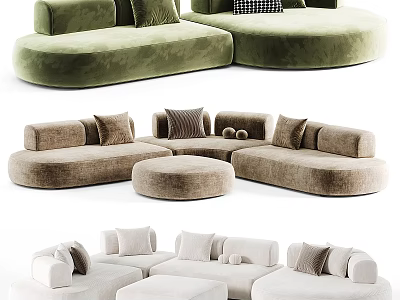 Modern Irregular Shaped Sofa Designs in Green Brown and White with Pillows and Ottoman 3d model